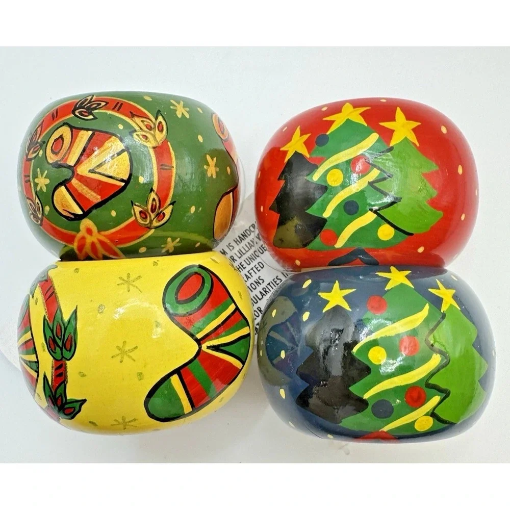 Christmas Napkin Rings Set 4 Lillian Vernon Wood Tree & Stocking Hand Painted